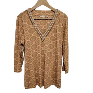 Soft Surroundings Lilia Orange Beaded V-Neck 3/4 Sleeve Tunic Medium